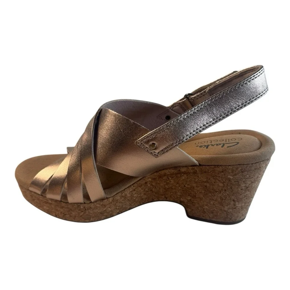 Clarks Collection Womens Metallic rRose Strappy Cork Wedge Sandals 7.5 M